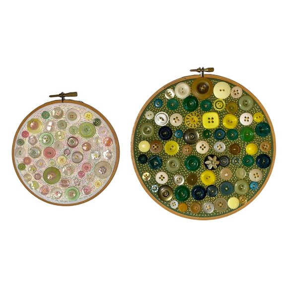 Artisan Brandy Cup Button Art Wall Handmade Embroidery Hoop Set Of 2 - Picture 1 of 6